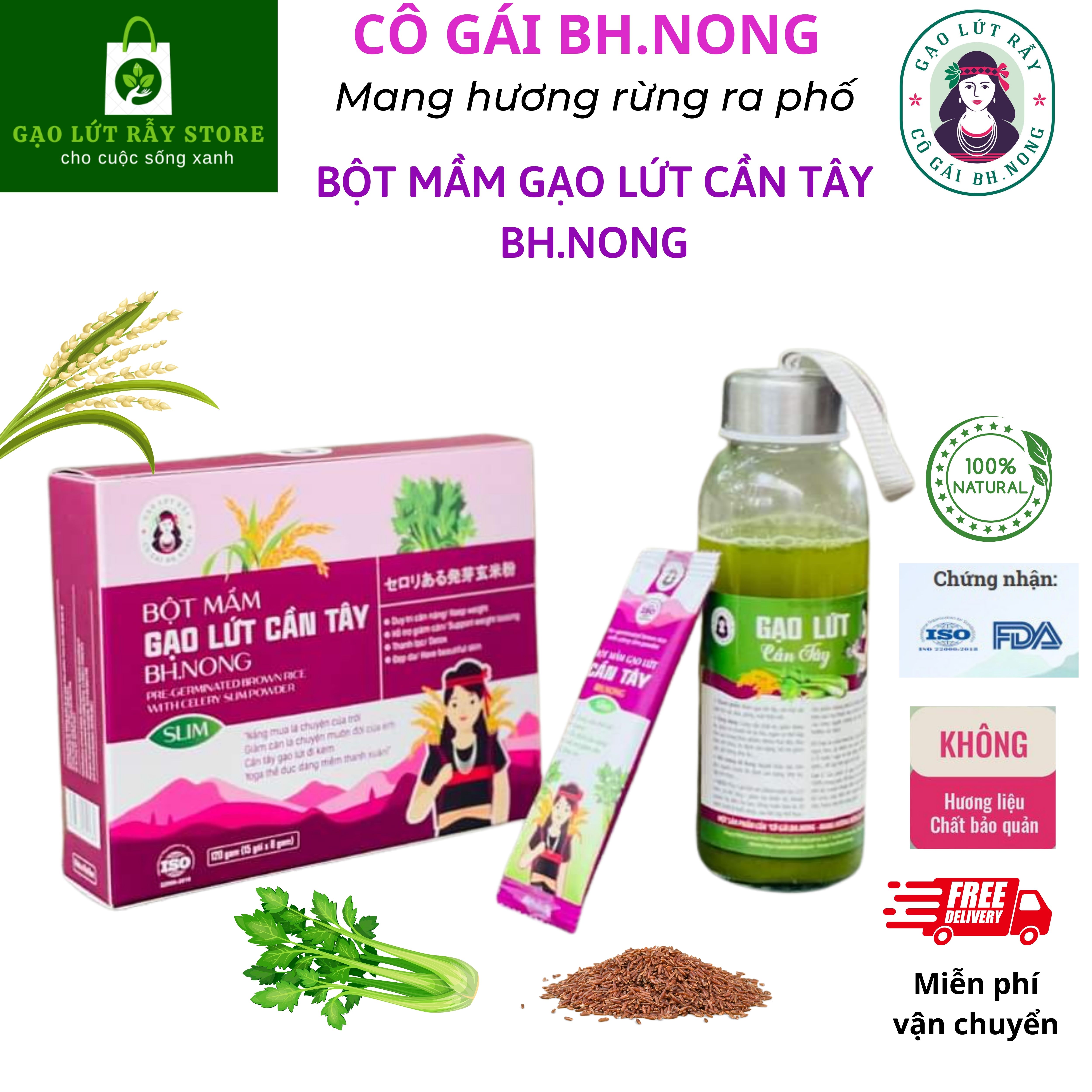 Bột cần tây Đà Lạt mầm gạo lứt Bh.Nong, Gói tiện lợi 15 gói x 8g, hỗ trợ giảm cân, detox cơ thể, đẹp da, Gạo Lứt Rẫy Store.