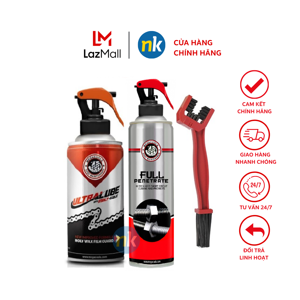 Combo dưỡng sên chống văng Megacools Chain Lube Ultra MOLY WAX 300ml +vệ sinh sên 500ml Penetrate tặng bàn chải chài