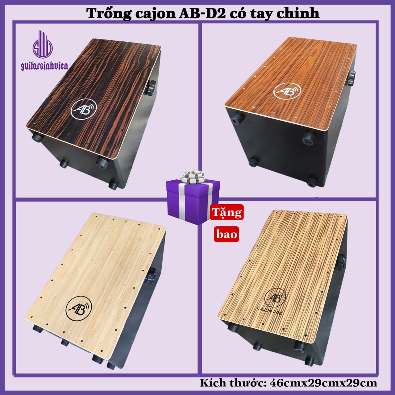 Trống cajon AB drum có tay vặn chỉnh tiếng snake - Tặng bao dù chống nước - Bảo hành 6 tháng - Có nhiều mà lựa chọn - Cao 46cmx29cmx29cm