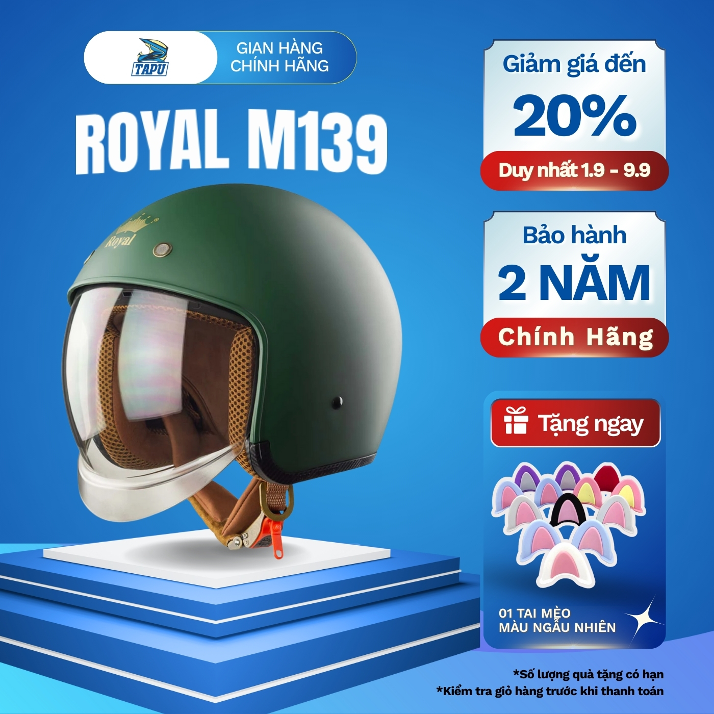 Royal M139 3/4 Helmet with Goggles - High Quality Helmet, Removable Lining for Easy Cleaning, Army Green Giá 590,000 Đồng*Miễn phí vận chuyển