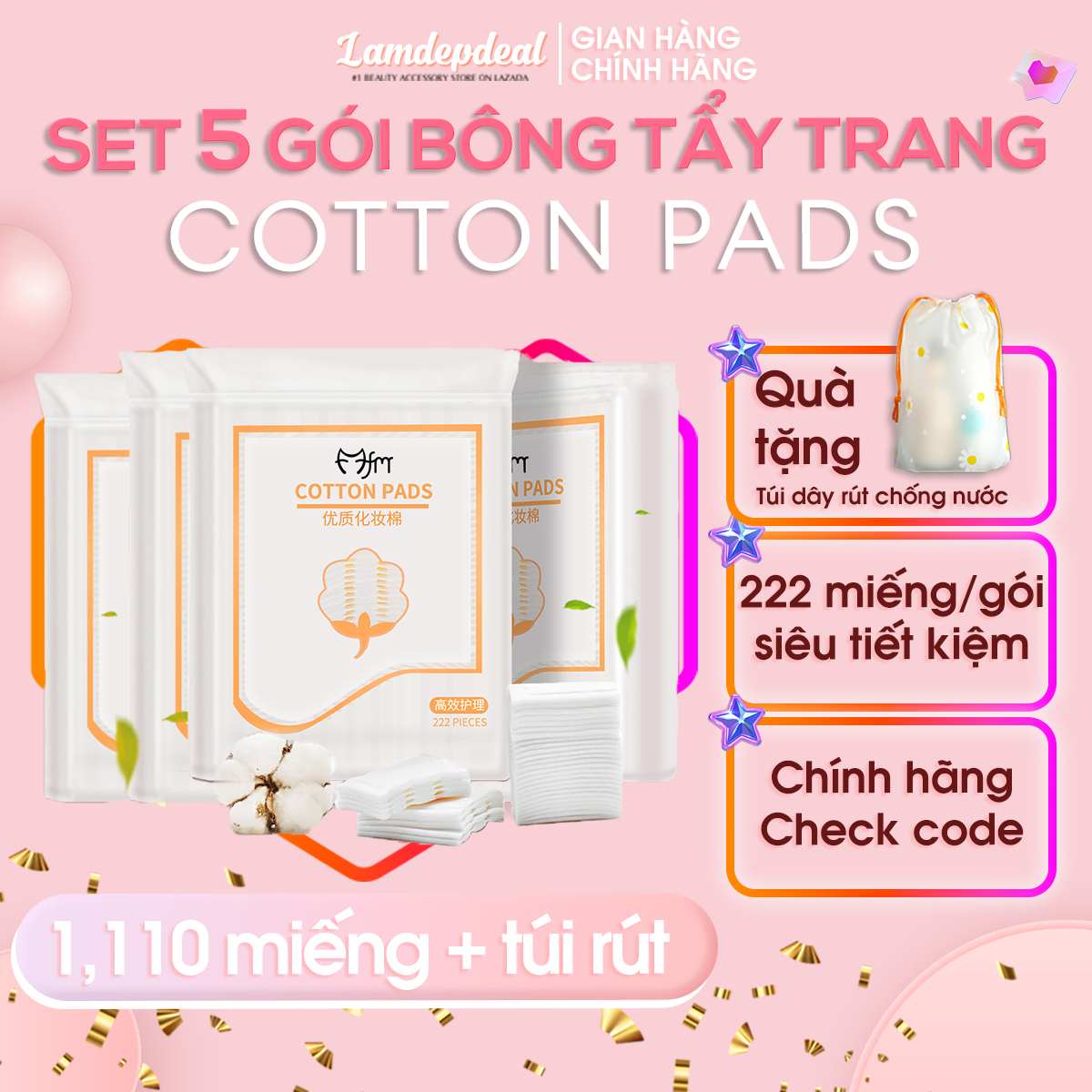 Combo 5 gói bông tẩy trang COTTON PADS 3 lớp 222 miếng/gói - 100% cotton không xơ bông thấm hút dung dịch dễ dàng thân thiện với làn da.