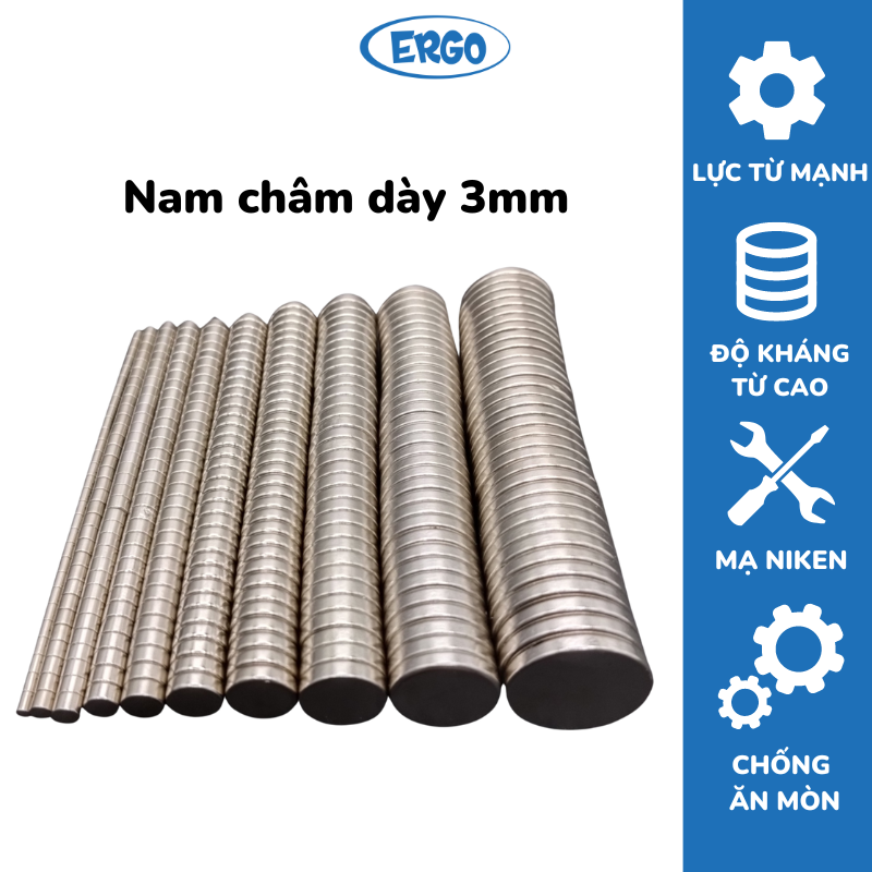 Nam châm đất hiếm, nam châm tròn nhiều kích thước độ dày 3mm lực hút siêu mạnh
