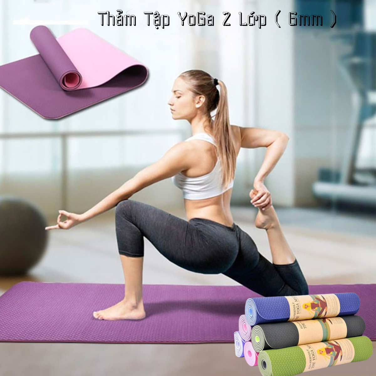 Thảm tâp yoga, thảm tập gym yoga 2 lớp loại dày 6mm chất liệu tpe 2 lớp cao cấp, mềm mịn, chống trơn trượt, gấp gọn du lịch tiện lợi