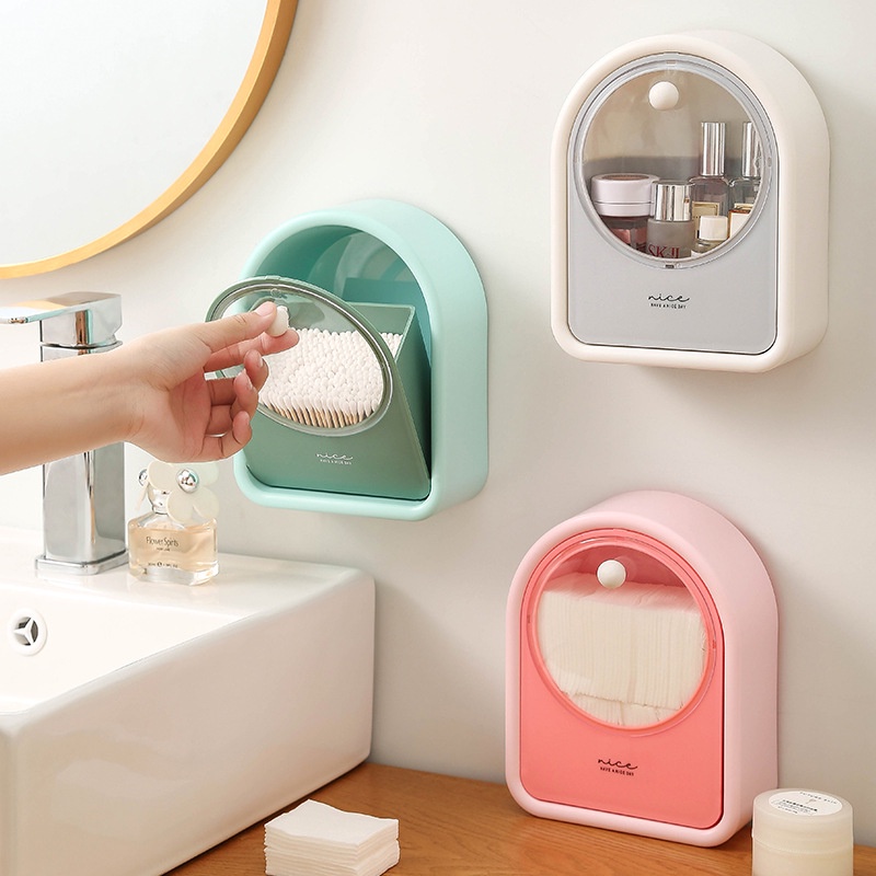 Hộp đựng bông tẩy trang, tăm bông - kệ mỹ phẩm mini gắn tường siêu dính tiện dụng
