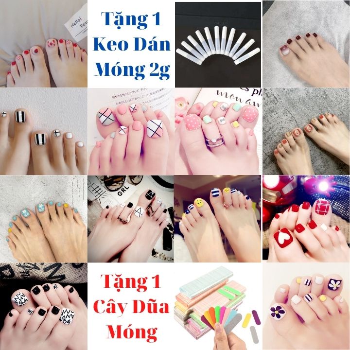 Móng chân giả đính đá giá rẻ - Gồm 24 móng chân giả + Tặng 1 chai keo dán móng 2g + Tặng 1 cây dũa móng như hình