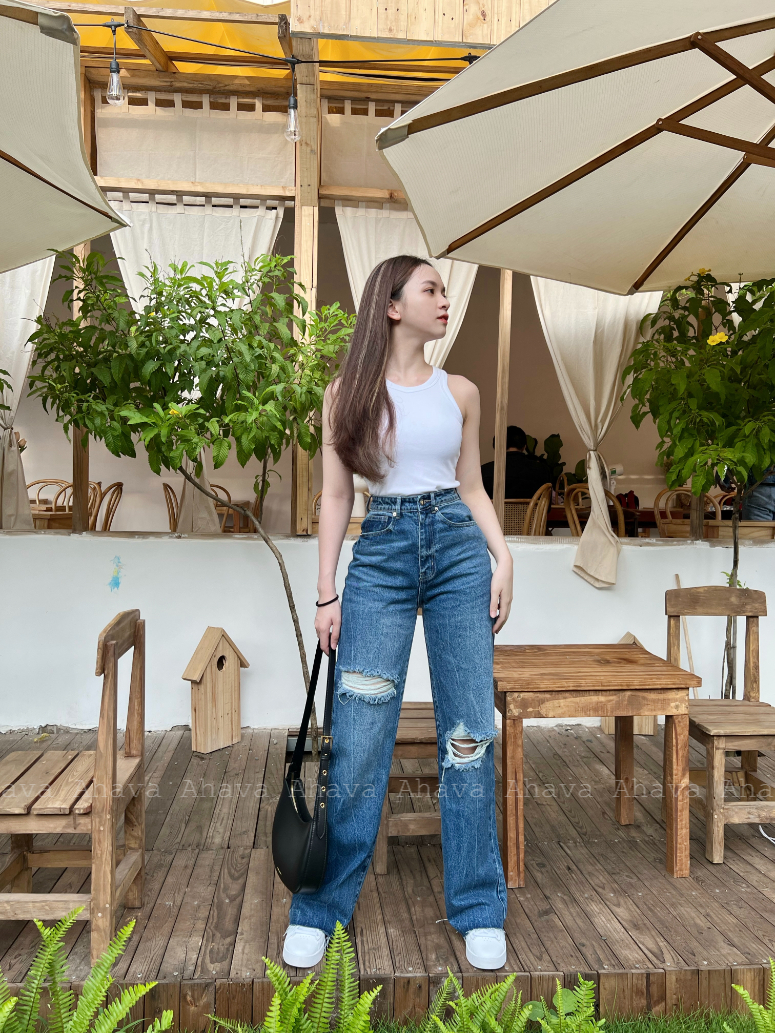 Quần jeans dài ống suông lai xả rách màu xanh đậm