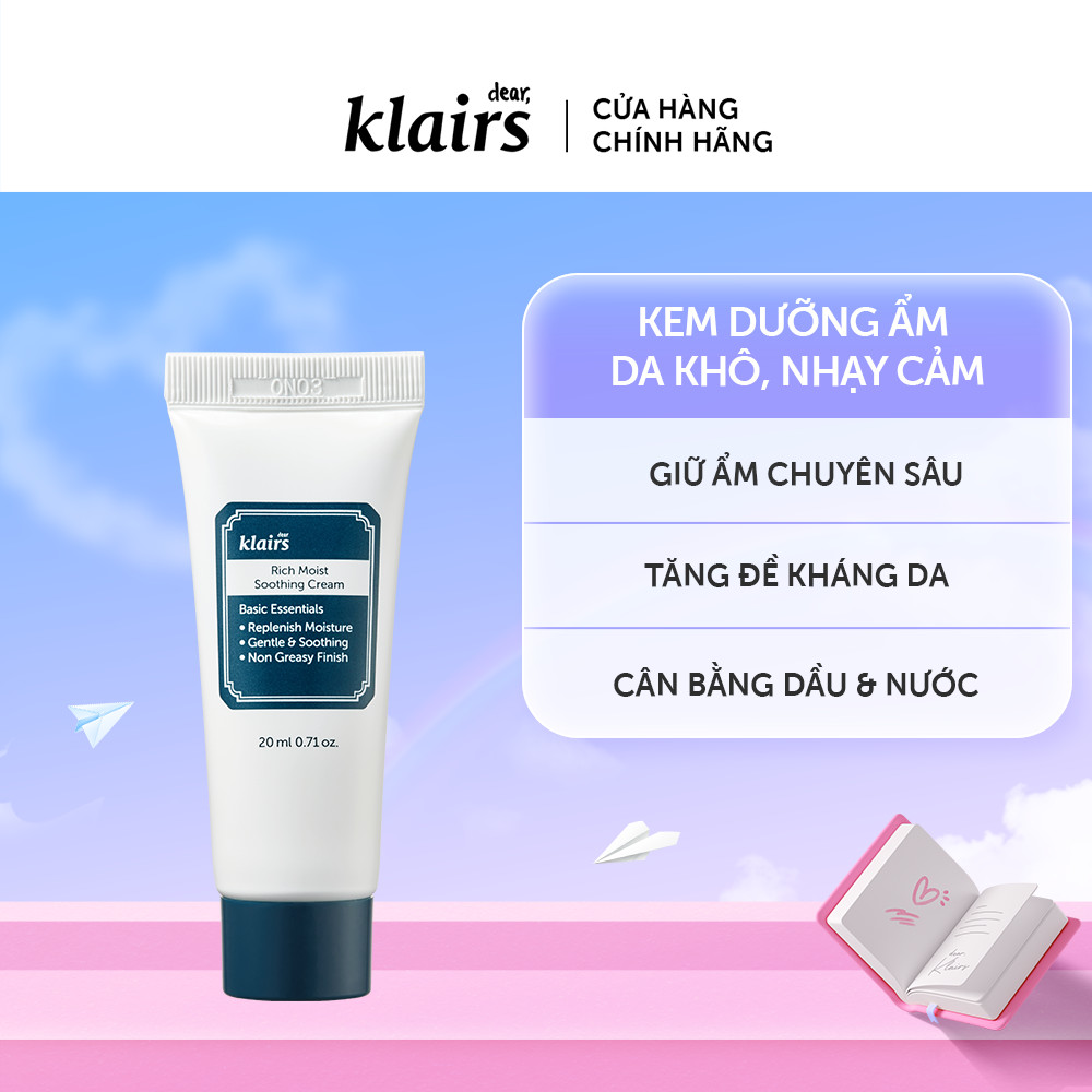 Dear, Klairs Kem Dưỡng Rich Moist Soothing Cream 20ml + 1 mask giấy