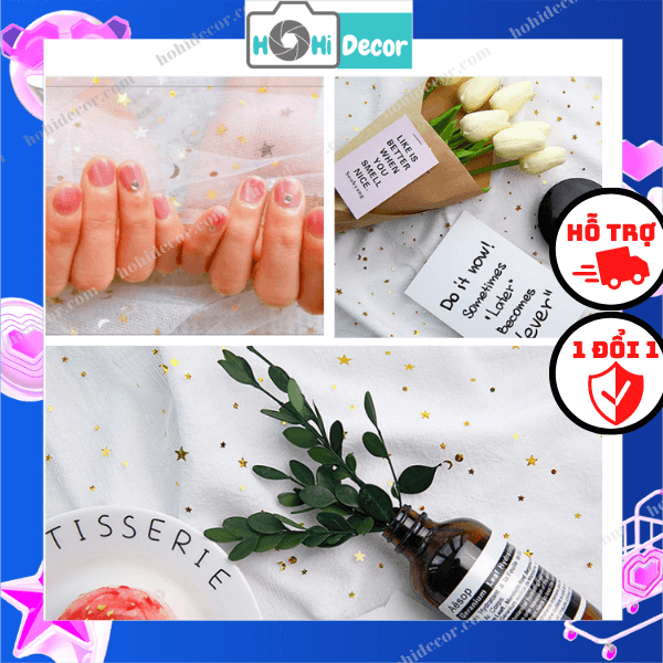 Vải Lưới Ren Đính Trăng Sao Chụp Ảnh Sản Phẩm, Nail, Trang Sức - Vải Voan Lưới Kim Sa - Shop Hohi Decor