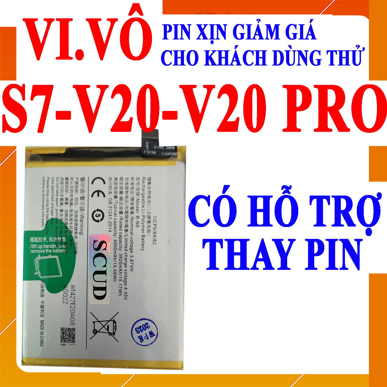 Pin Scud cho Vivo V20/V20 Pro/S7 mã B-N8 dung lượng 4000mAh
