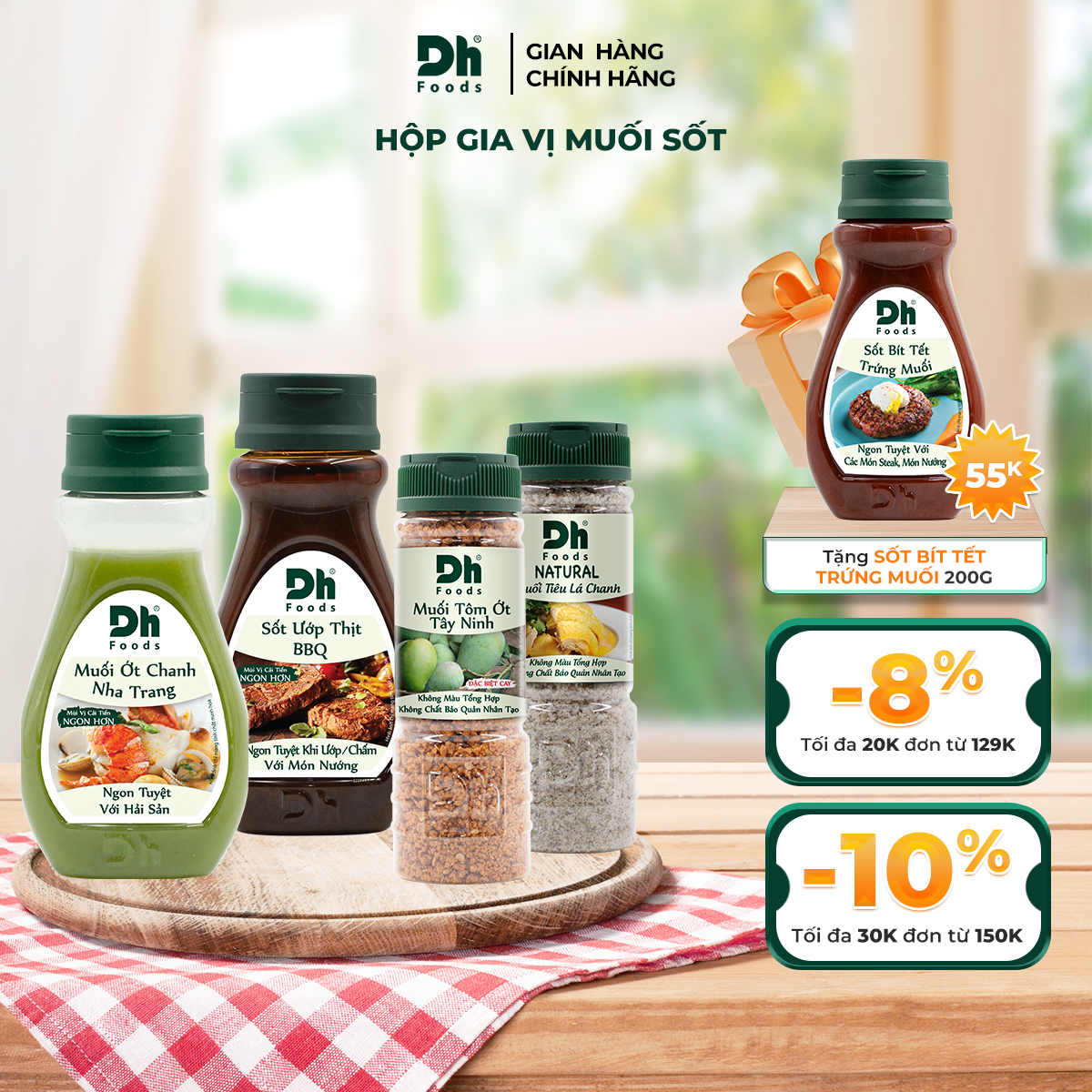 Hộp Gia Vị Muối Sốt 200g Dh Foods (Muối Tôm Tây Ninh, Muối Tiêu Lá Chanh, Muối Ớt Chanh Nha Trang, Sốt Ướp Thịt BBQ) Không Màu Tổng Hợp, Không Chất Bảo Quản Nhân Tạo