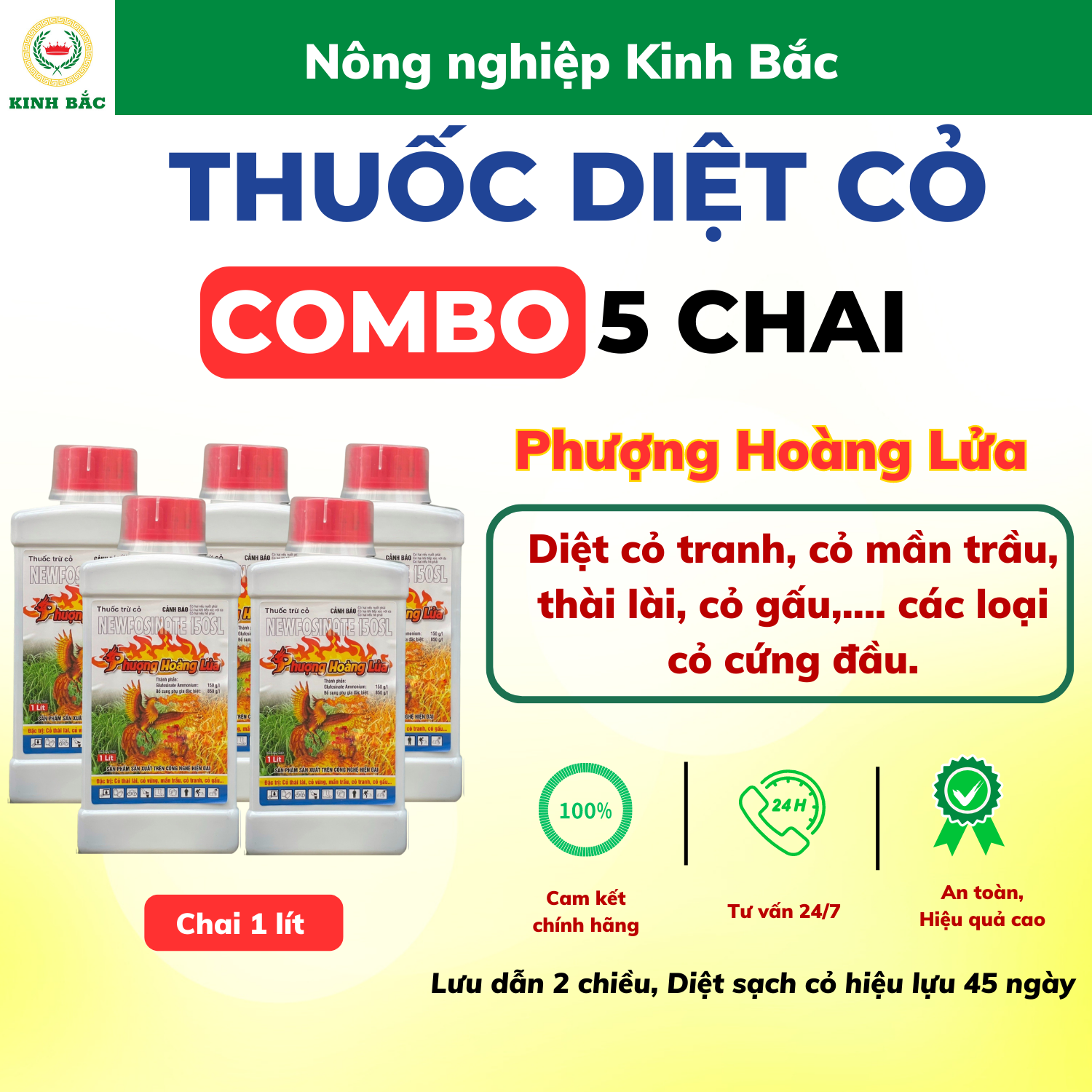 5 chai THUỐC TRỪ CỎ Phượng Hoàng Lửa, chai 1 lít Newfosinate 150SL ( Cỏ chết tận gốc,thối tận đầu rễ)