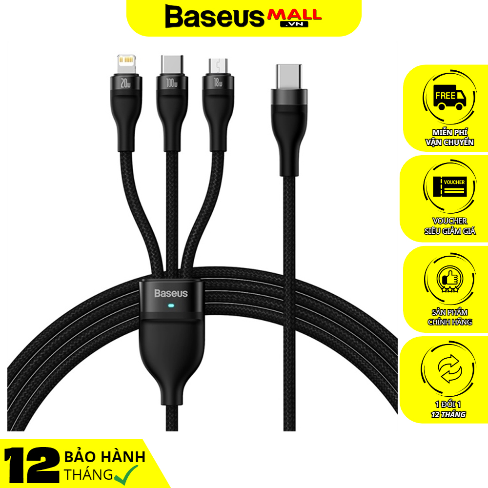 Cáp sạc nhanh 3 đầu baseus flash series ⅱ one-for-three fast charging cable type-c to m+l+c 100w