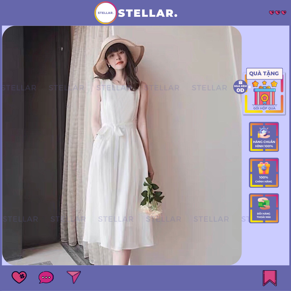 Đầm váy nữ xòe sát nách cột eo màu trắng hai lớp lót trong dày dặn - dx753