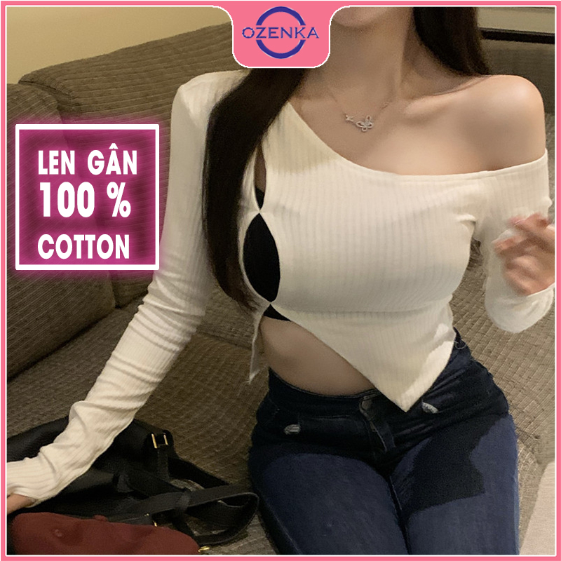 Áo croptop trễ vai tay dài sẻ gấu vạt lệch OZENKA , áo kiểu crt nữ ôm body đẹp sang chảnh len gân 100% cotton màu đen trắng dưới 50kg