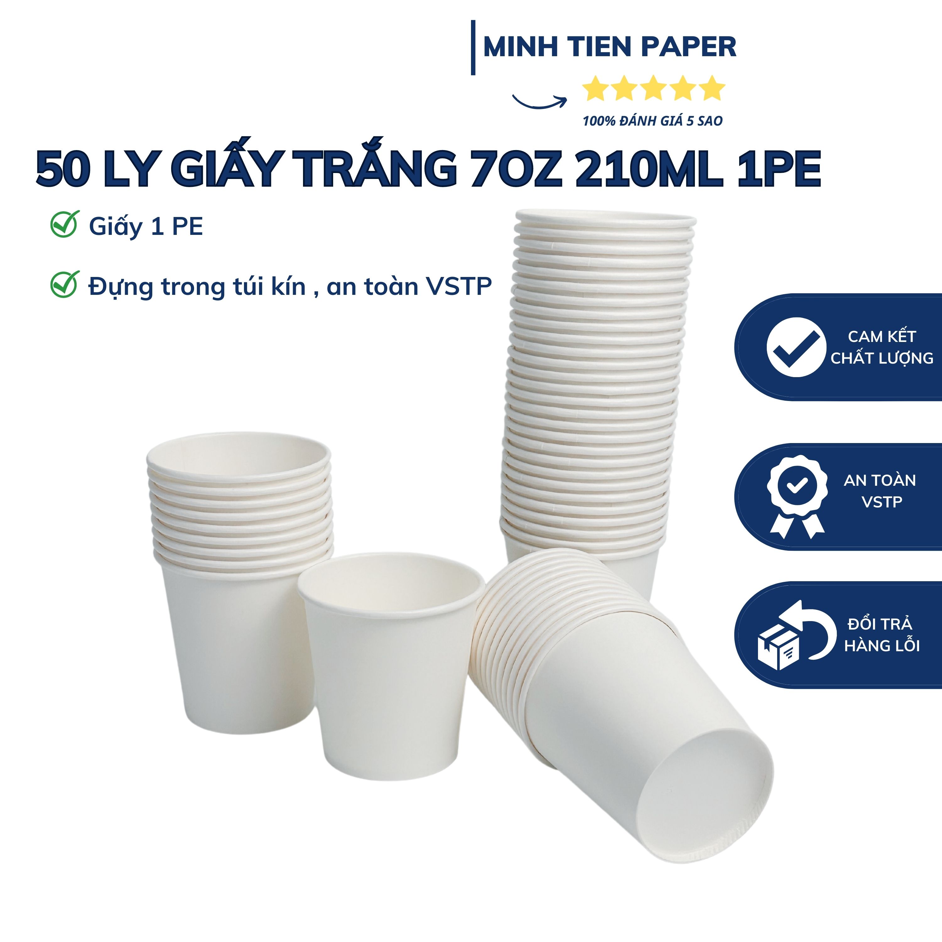 Ly giấy trắng 7oz 210ml, Lốc 50 ly, Ly trơn dùng 1 lần, Dùng cho văn phòng/nhà hàng/sự kiện
