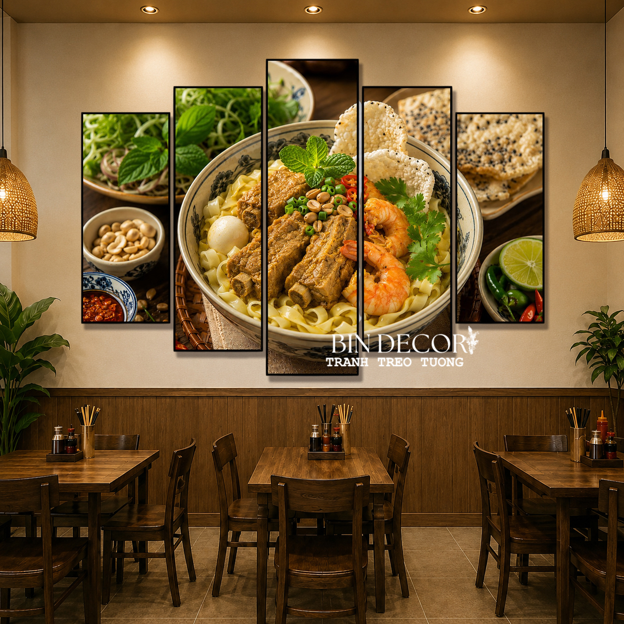 Tranh treo tường mì quảng bộ 5 tấm trang trí decor quán ăn nhà hàng