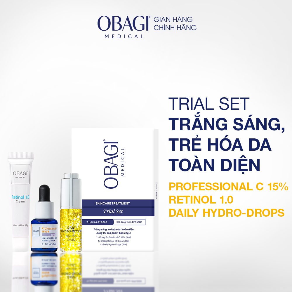 [Date 09/2025] Bộ ba trẻ hóa và trắng sáng toàn diện Obagi Professional-C Serum 15% & Retinol 1.0 & Hydro Drops (5ml-5g-5ml)