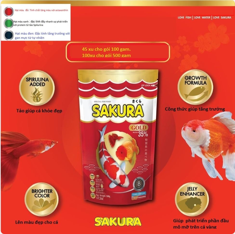 Thức ăn cá sakura gold - cám cá sakura gold túi 500gr 1kg, 2kg