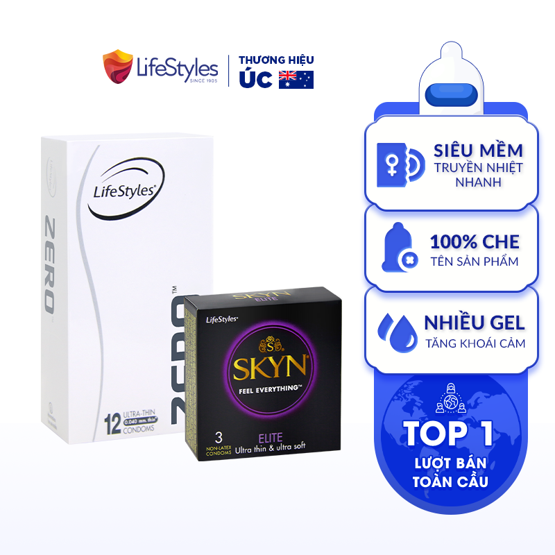 Combo bao cao su LifeStyles Zero 12 bao + 1 hộp bao cao su Lifestyles Skyn Elite Nonlatex 3 bao