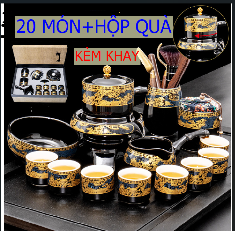 Bộ ấm chén cối xay gốm sứ tử sa cao cấp kèm khay chén gỗ tre
