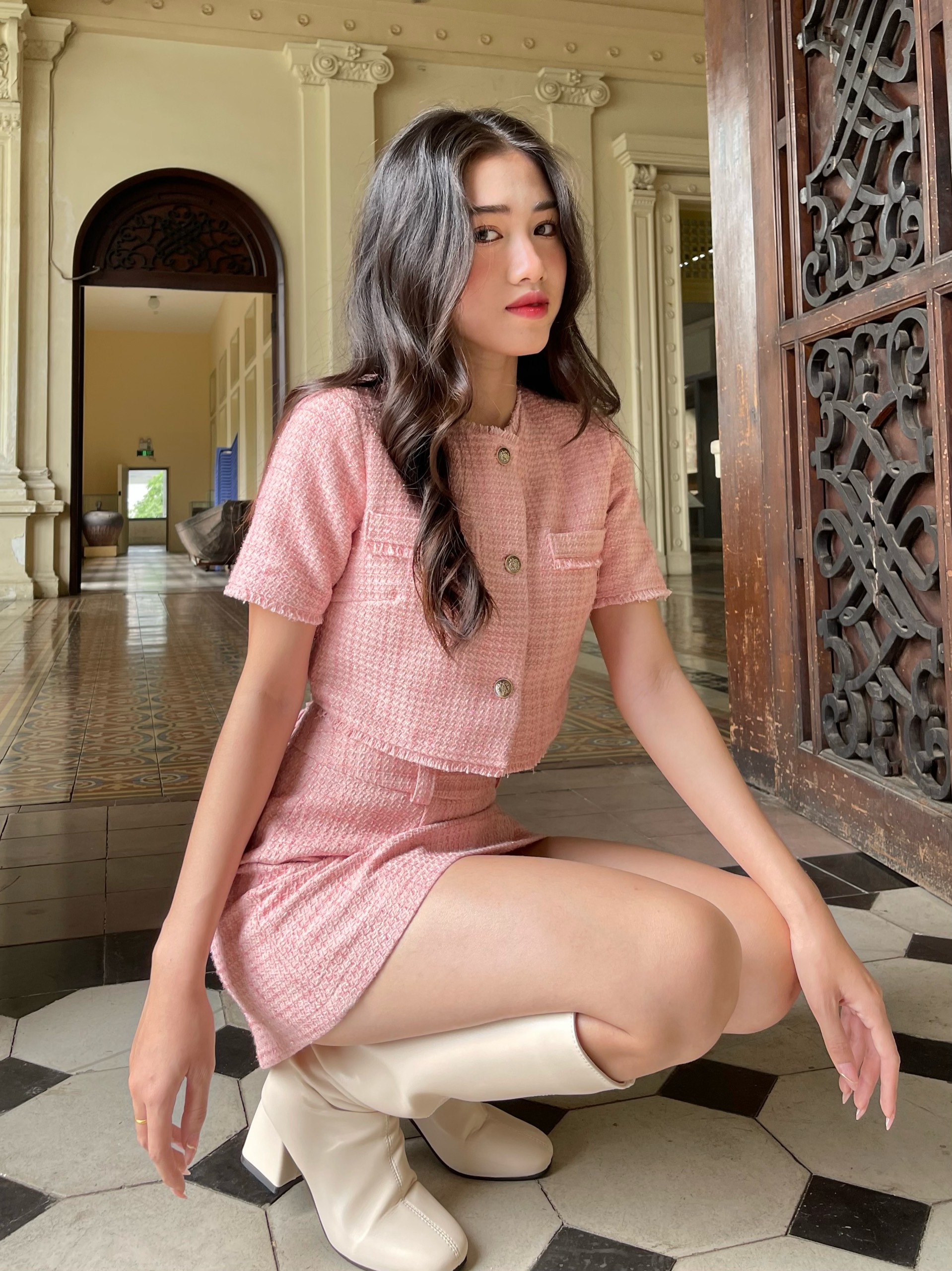 Set áo croptop và chân váy dạ tweed 2 lớp - hoo design