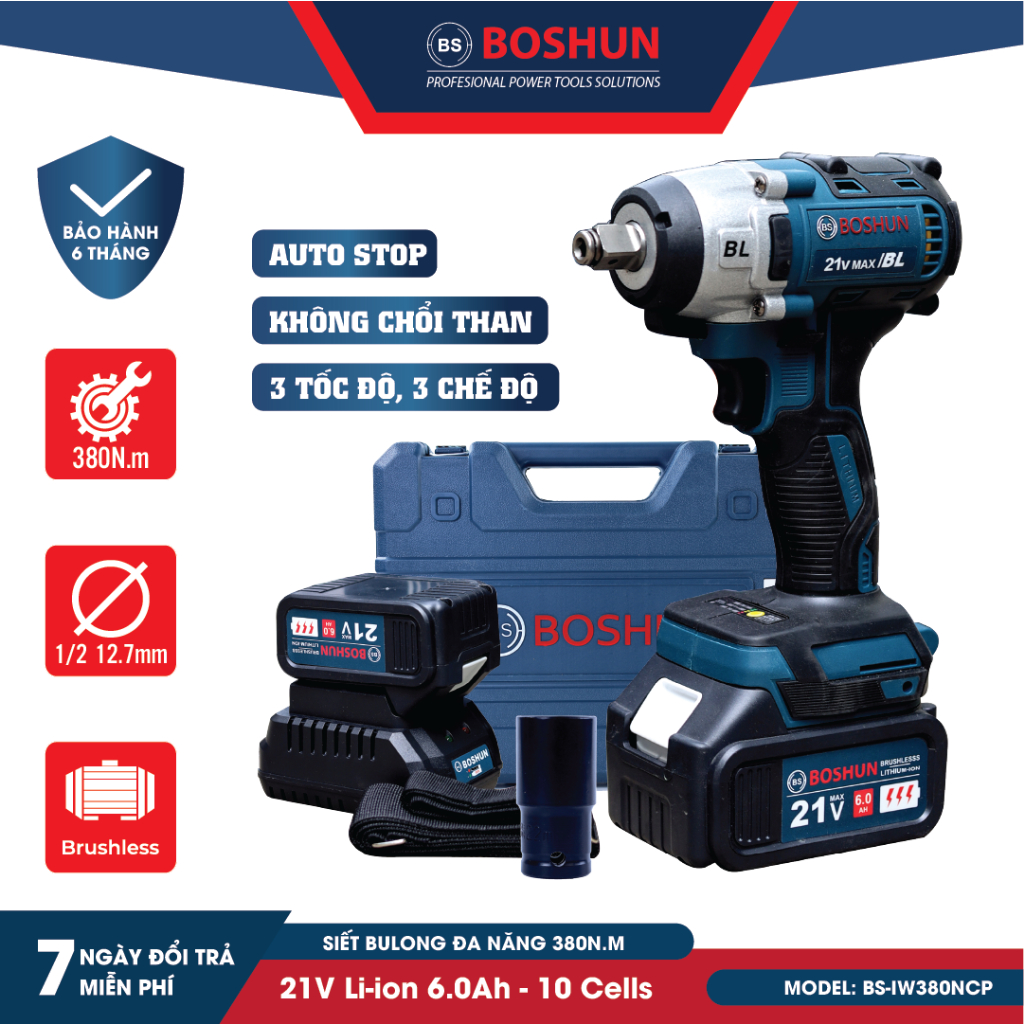 Bộ Máy bắn bulong Boshun 380NCP bản mới siêu khỏe, Máy siết ốc, máy vặn bu lông dùng pin 10 cell - Máy siết bulong cầm tay - Máy bắn vít, máy khoan- Máy vặn ốc, mở ốc nồi