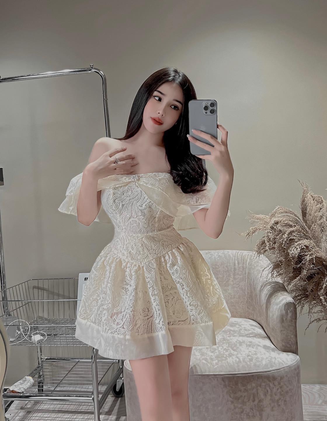 Đầm đi đám cưới chất ren trễ vai bèo tùng xòe cực xinh form chuẩn tôn dáng