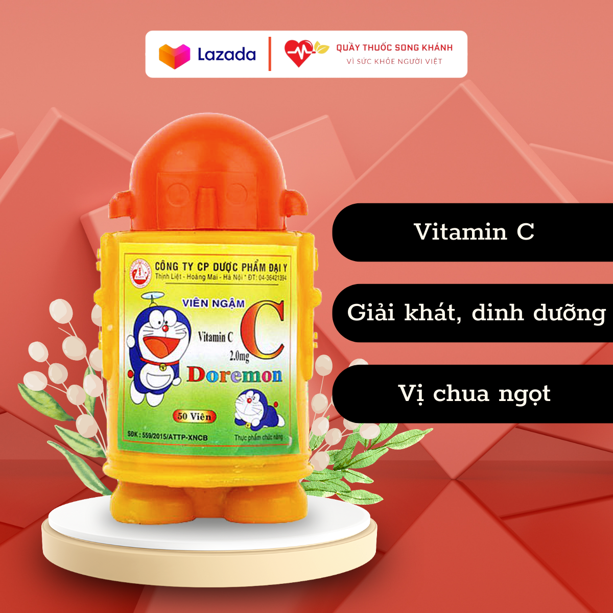 Kẹo Ngậm C Doremon (lọ 50 viên) bổ sung Vitamin C, tăng cường giải khát và dinh dưỡng, có vị chua ngọt dễ ăn - Song Khánh Pharmacy - 50 viên
