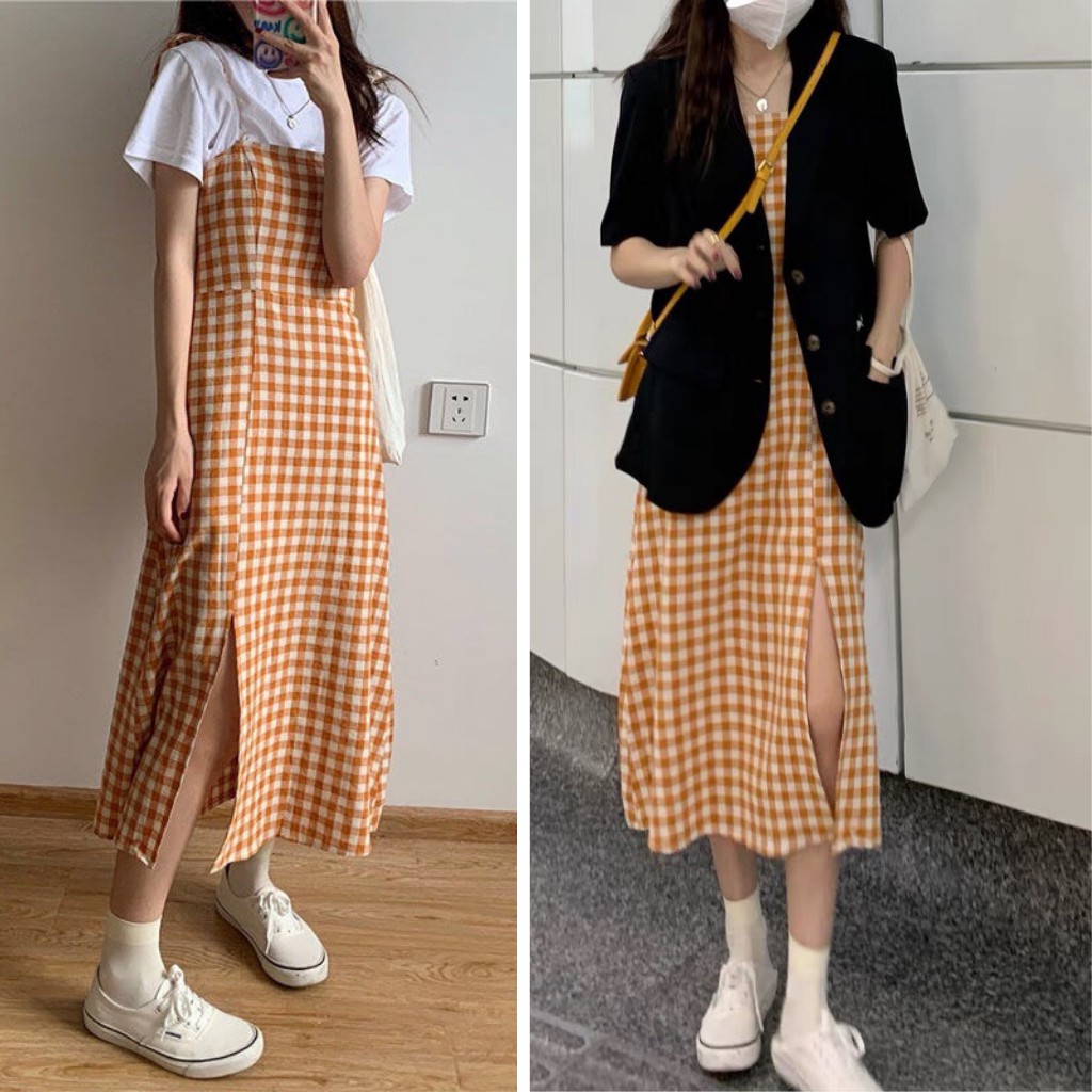 Set váy 2 dây thiết kế kẻ / váy yếm 2 dây kẻ caro kèm áo dáng dài xẻ trước phong cách hàn quốc