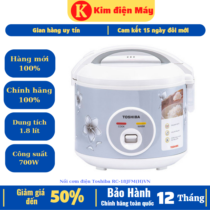 Nồi cơm điện Toshiba RC-18JFM2VN-nồi cơm điện nắp liền 1l8-tiết kiệm điện 700W-lòng nồi chống dính-bảo hành 12 tháng toàn quốc