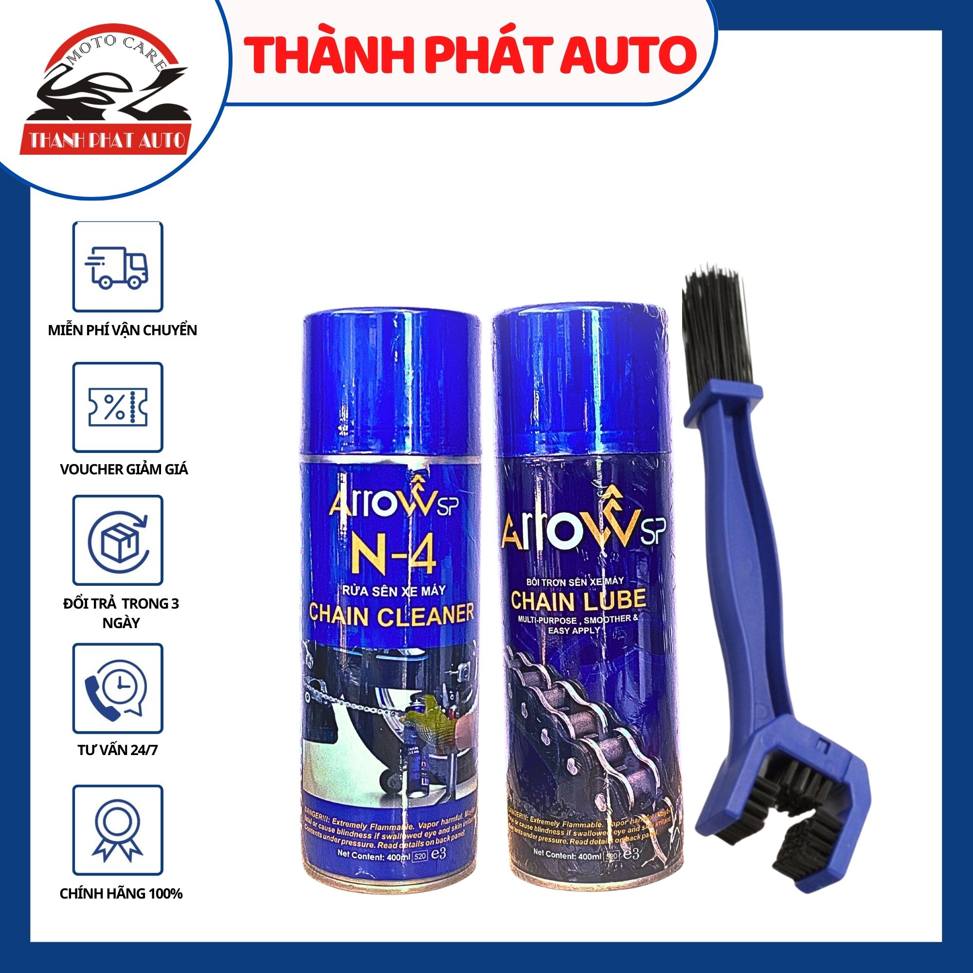 [HCM]Combo Vệ sinh sên ArrowSP N-4 Chain Cleaner 400ml Bôi trơn sên ArrowSP Chain Lube 400ml tặng bàn chải vệ sinh sên