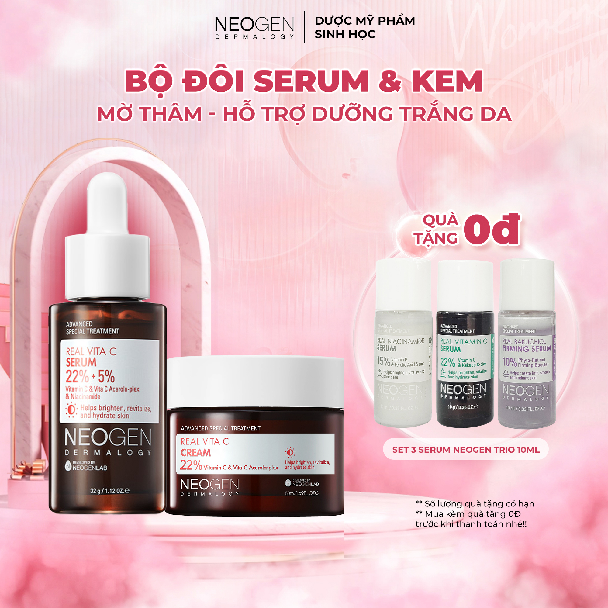 Bộ sản phẩm serum & kem dưỡng vitamin c 22% mờ thâm dưỡng trắng da neogen dermalogy real vita c