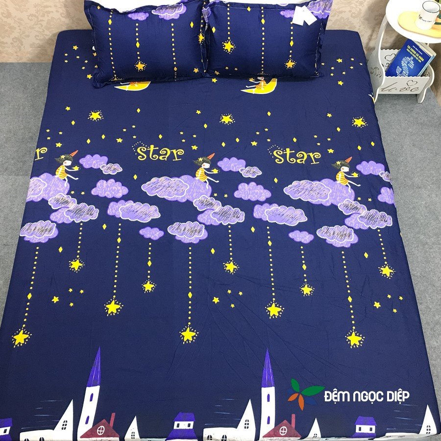 Bộ ga gối 3 món ga giường và 2 vỏ gối nằm vải poly cotton mẫu Sao rơi mềm mịn không bai xù đầy đủ kích thước