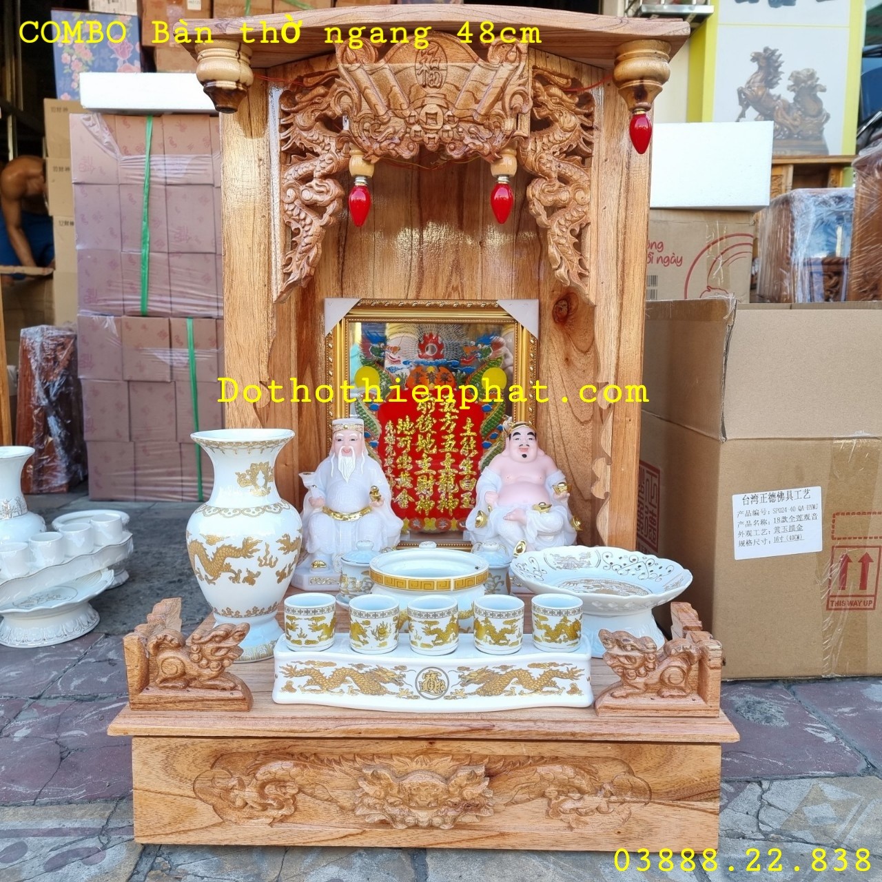 Combo bộ bàn thờ gỗ xoan ngang 48cm lọng – Cặp tài địa 8in đá