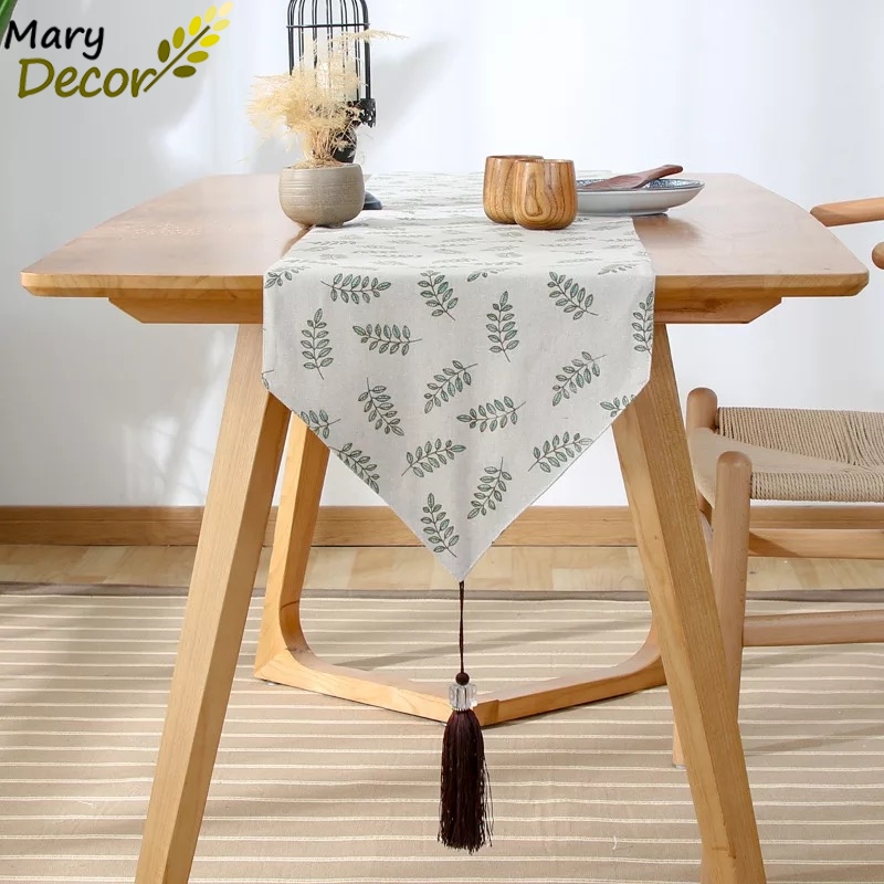 Khăn runner Mary Decor trải bàn làm việc vải bố canvas trang trọng, lịch sự - họa tiết Lá xanh - KR-B04