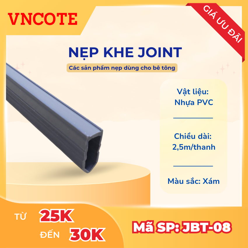 Nẹp khe co giãn sàn bê tông JBT-08, 2,5m/thanh, nhựa PVC