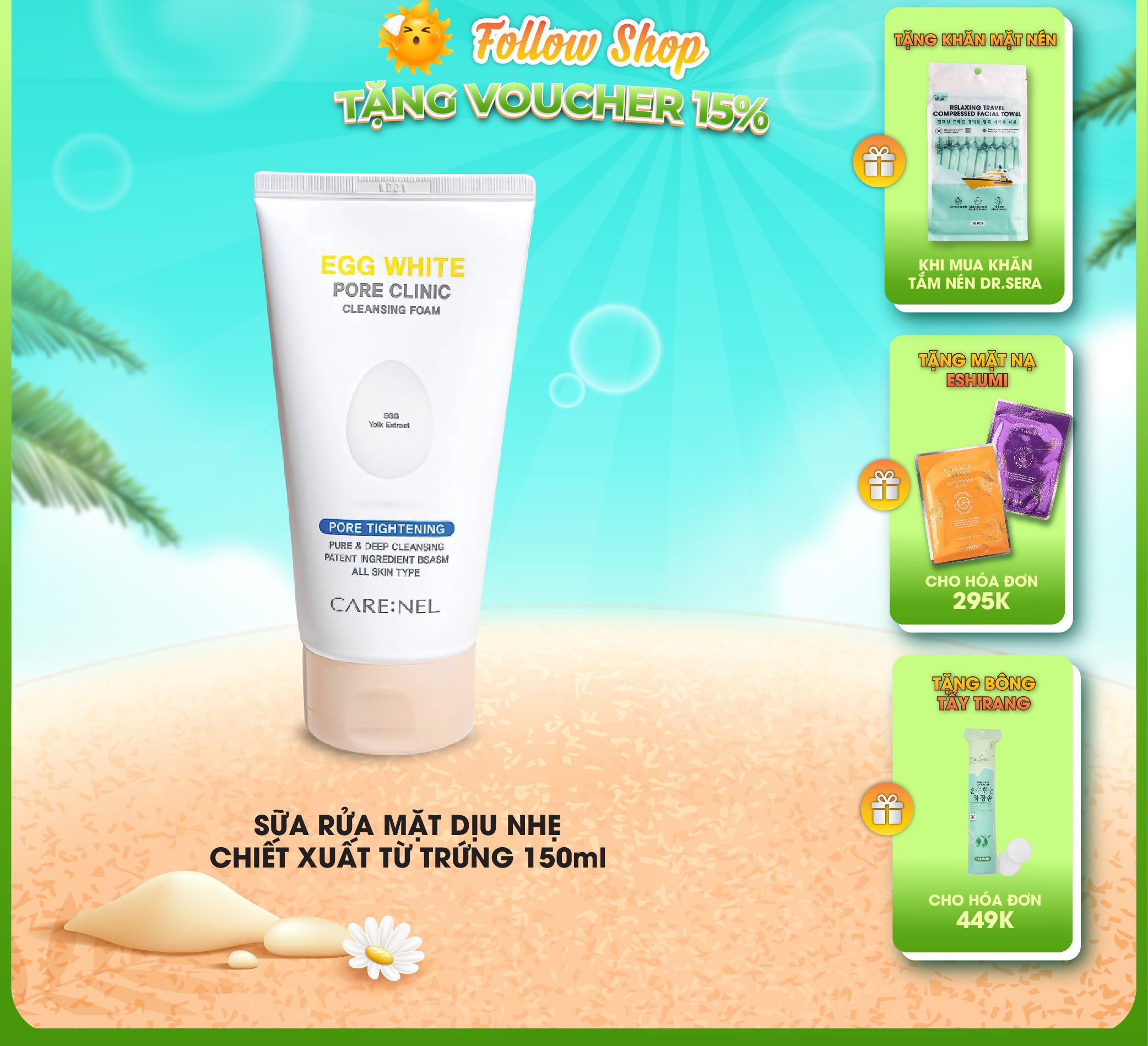 Sữa rửa mặt trứng tạo bọt rửa mặt dưỡng ẩm srm care:nel egg white pore clinic cleansing foam 150ml