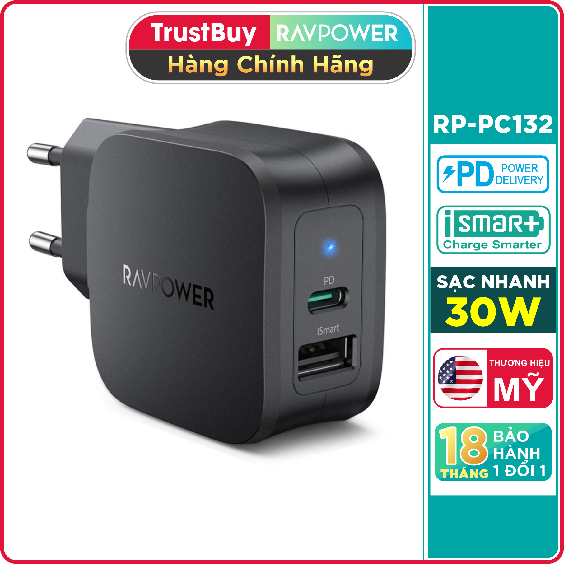 Adapter củ sạc nhanh 30w 1 cổng usb và 1 type c pd 18w ravpower rp-pc132 - hàng chính hãng