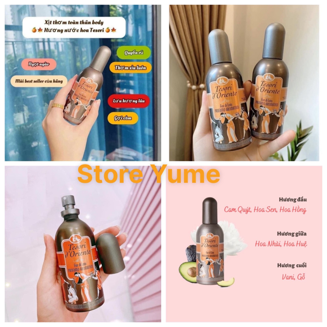 Xịt thơm body tesori nâu hoa sen 100ml , xịt body mist tesori hương nước hoa mùi hoa sen nâu