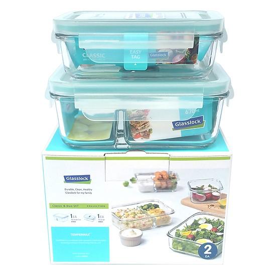 Bộ 02 hộp thủy tinh cường lực Glasslock hình chữ nhật 400, chia ngăn 670ml - kín hơi, tiện dụng - Made in Korea