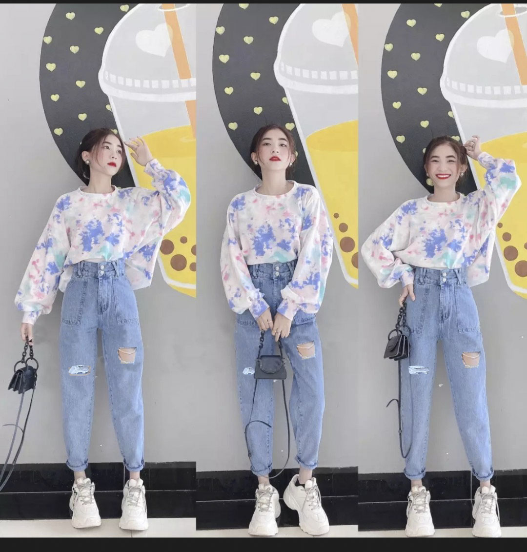 [HCM]Quần baggy jean nữ lưng cao 2 nút (One size là áo kiểu nữ) đai chéo phối rách nhẹ thời trang THUYDIEUSHOP97 TB002