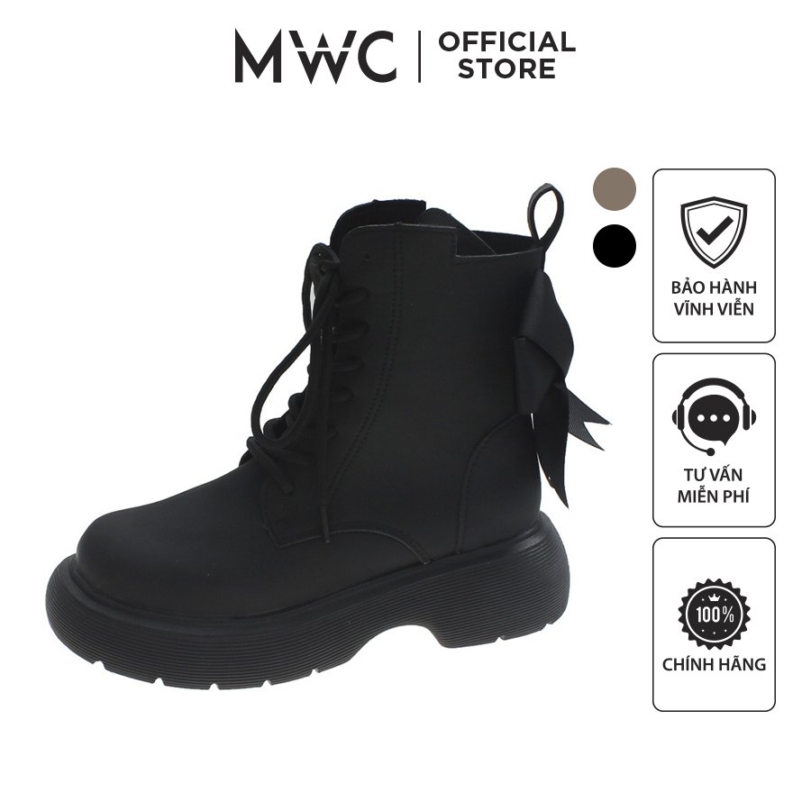 Giày bốt nữ mwc 9113 - giày boot nữ cổ cao phối dây kéo đính nơ cách điệu siêu êm chân hot trend