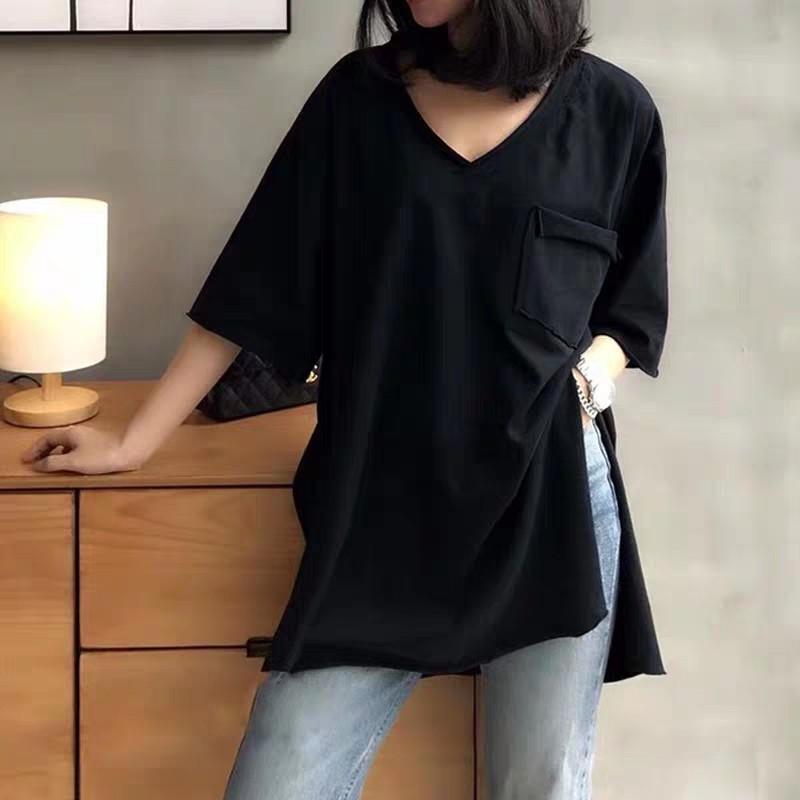 Áo váy cổ tim xẻ tà túi ngực Ulzzang Áo phông giấu quần