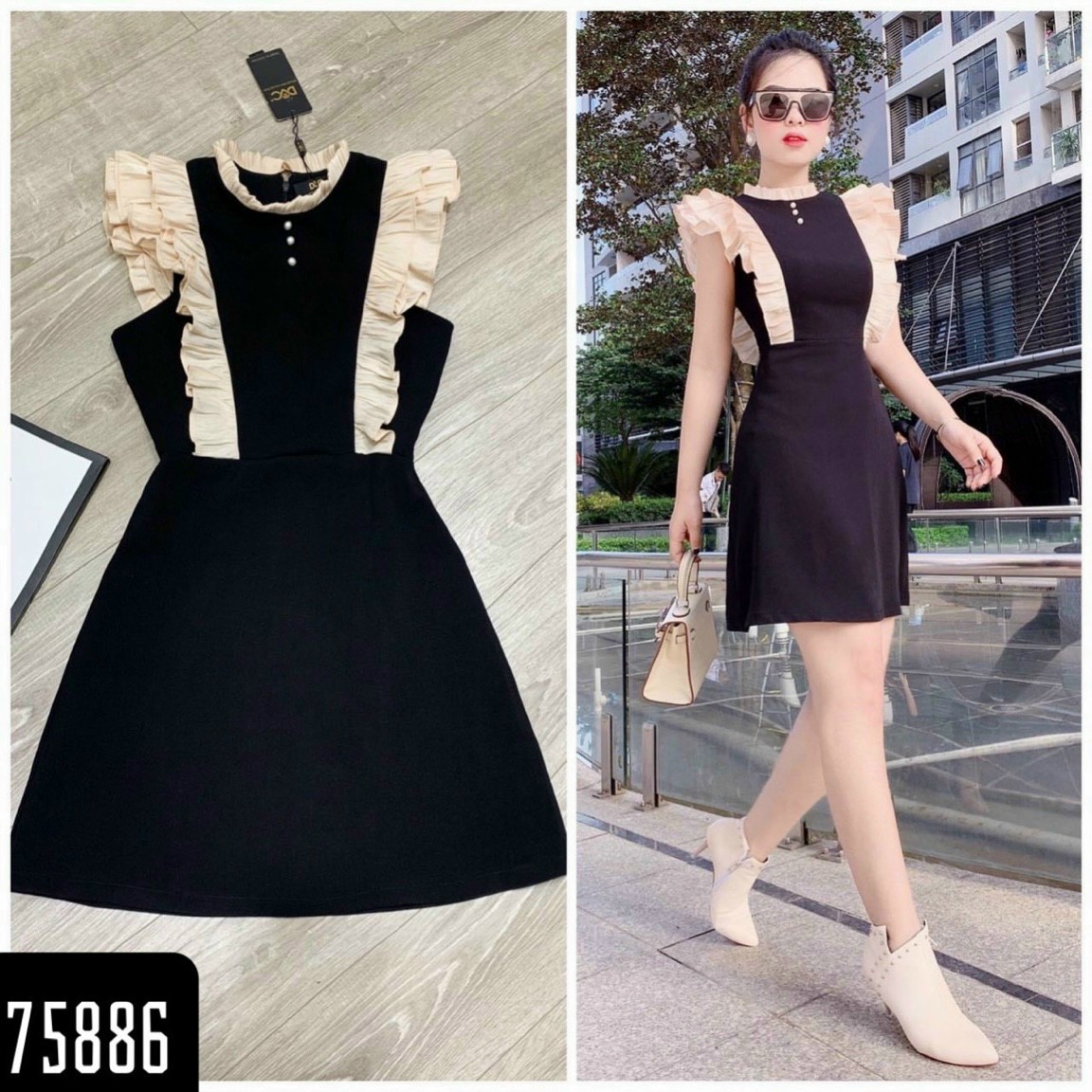 [HCM]Váy nữ xoè đen tua ren - Váy thun xòe chất vải dày dặn (Kèm hình và video sản phẩm) size 50-71kg big size