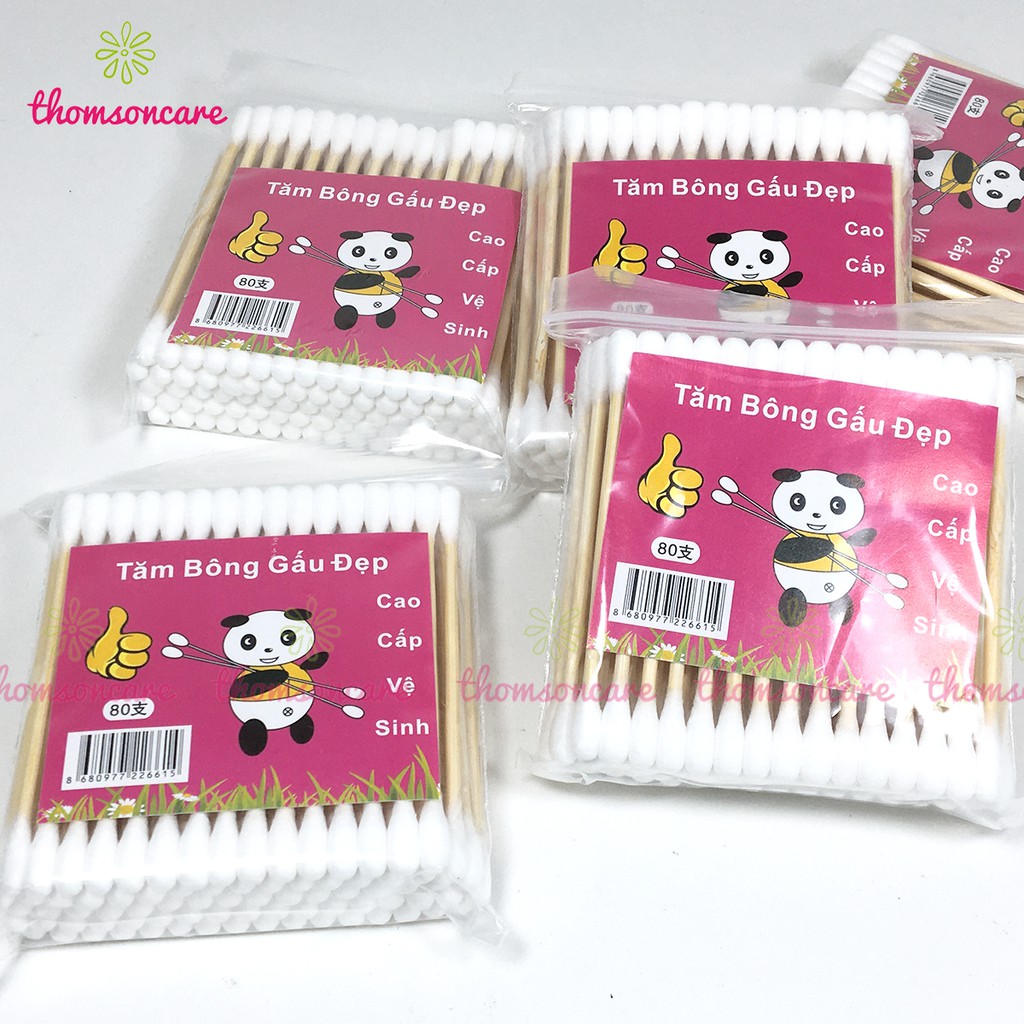 Vỉ 12 gói Tăm bông gấu đẹp, tăm bông thân gỗ, tăm bông cán gỗ gấu đẹp