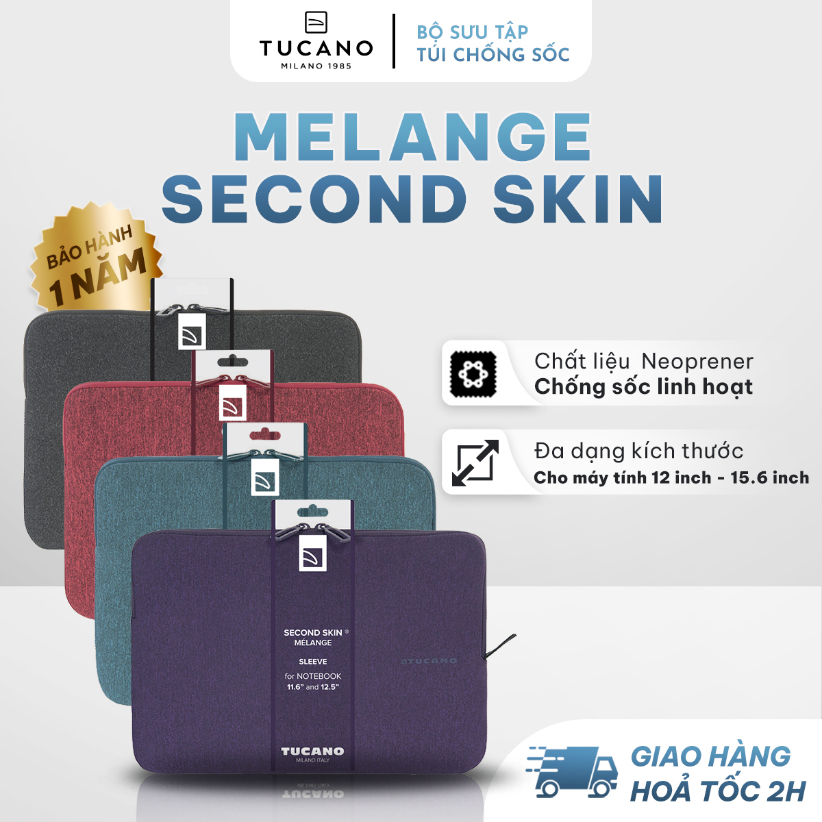 Túi chống sốc Laptop/ Macbook Tucano Melange Second Skin tối giản, thanh lịch