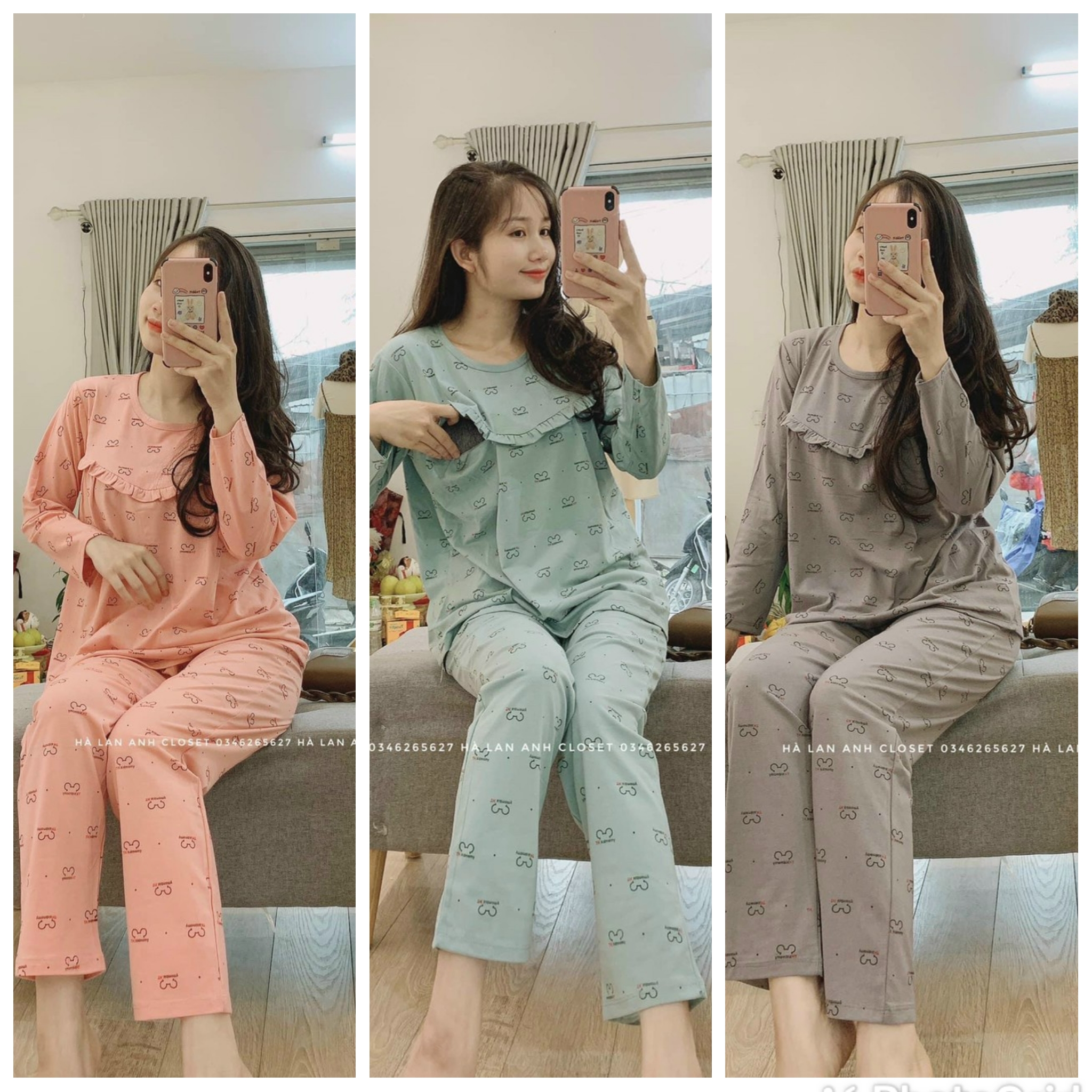 Bộ đồ bầu quần dài áo dài  cổ bèo chất mềm mịn phù hợp với cơ thể mẹ bầu freesize từ 45 đến 70kg