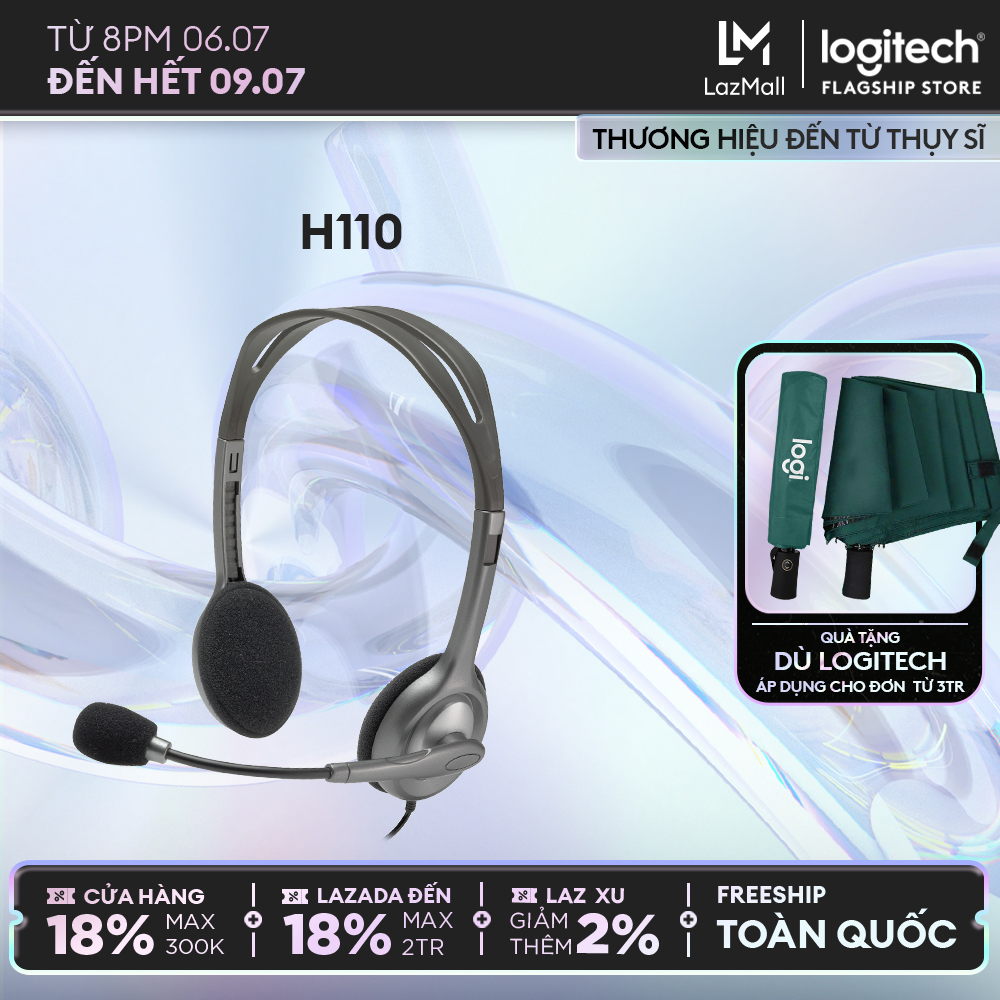 Tai nghe chụp tai Logitech H110 - 2 jack 3.5mm, Mic khử giảm tiếng ồn, trọng lượng nhẹ, âm thanh nổi