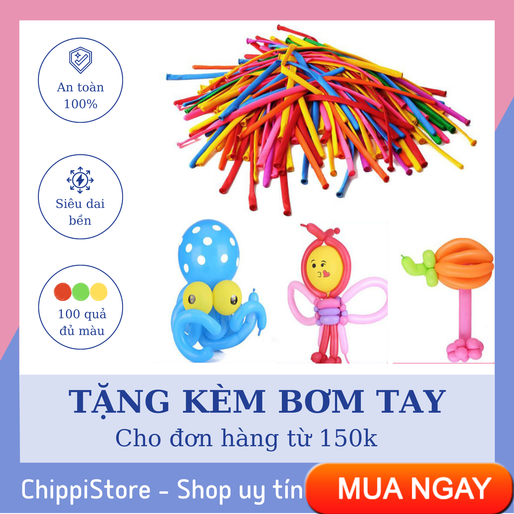 1 túi bóng bay dài 100 quả đủ màu sắc, bóng bay dài tạo hình đủ kiểu kèm bơm tay