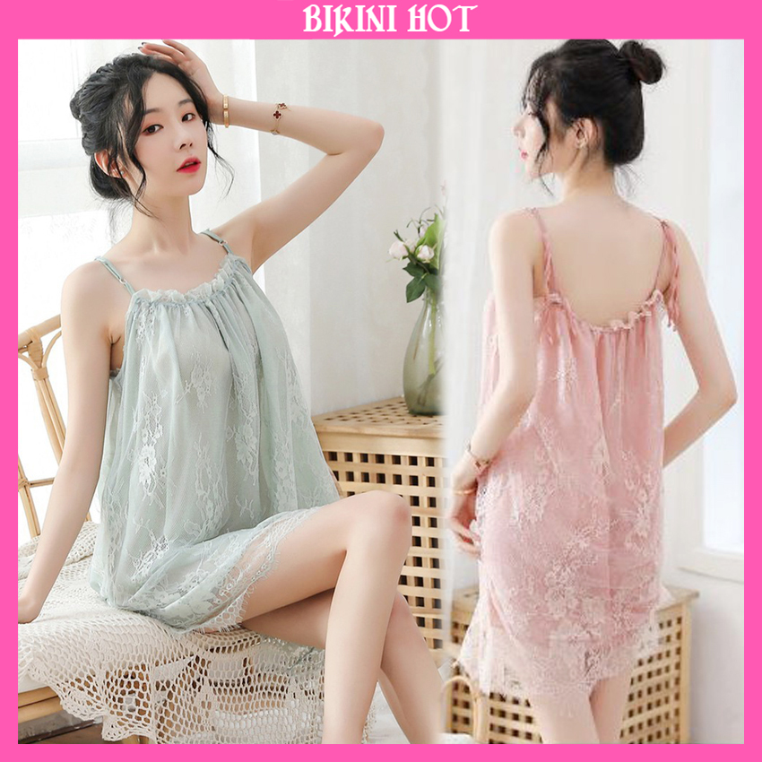 Đồ ngủ xuyên thấu - ( Tặng kèm quần lót) Đầm Ngủ, Váy Ngủ MS5174 Hai Dây Phối Ren Sexy Girl - BIKINI HOT